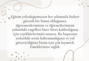 Okul idaresine yönelik teşekkür mesajı içeren tebrik kartı