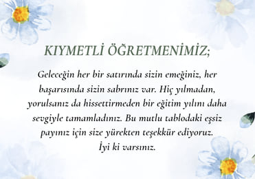 Öğretmenlere yönelik teşekkür mesajı içeren tebrik kartı