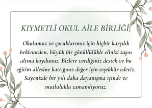 Okul Aile Birliği üyelerine yönelik teşekkür kartı