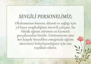 Okul personeline yönelik teşekkür mesajı içeren tebrik kartı