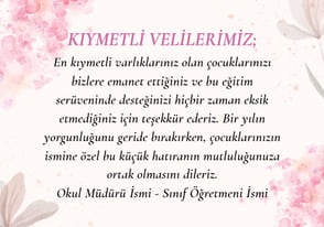 Velilere yönelik teşekkür mesajı içeren tebrik kartı